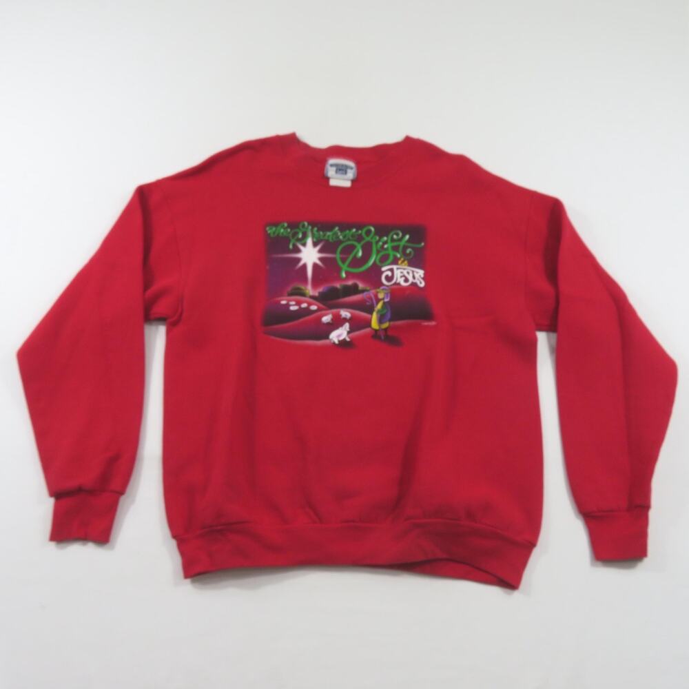 The Greatest Gift is Jesus Christmas Sweatshirt Christian Red Lee Sz L 1990s